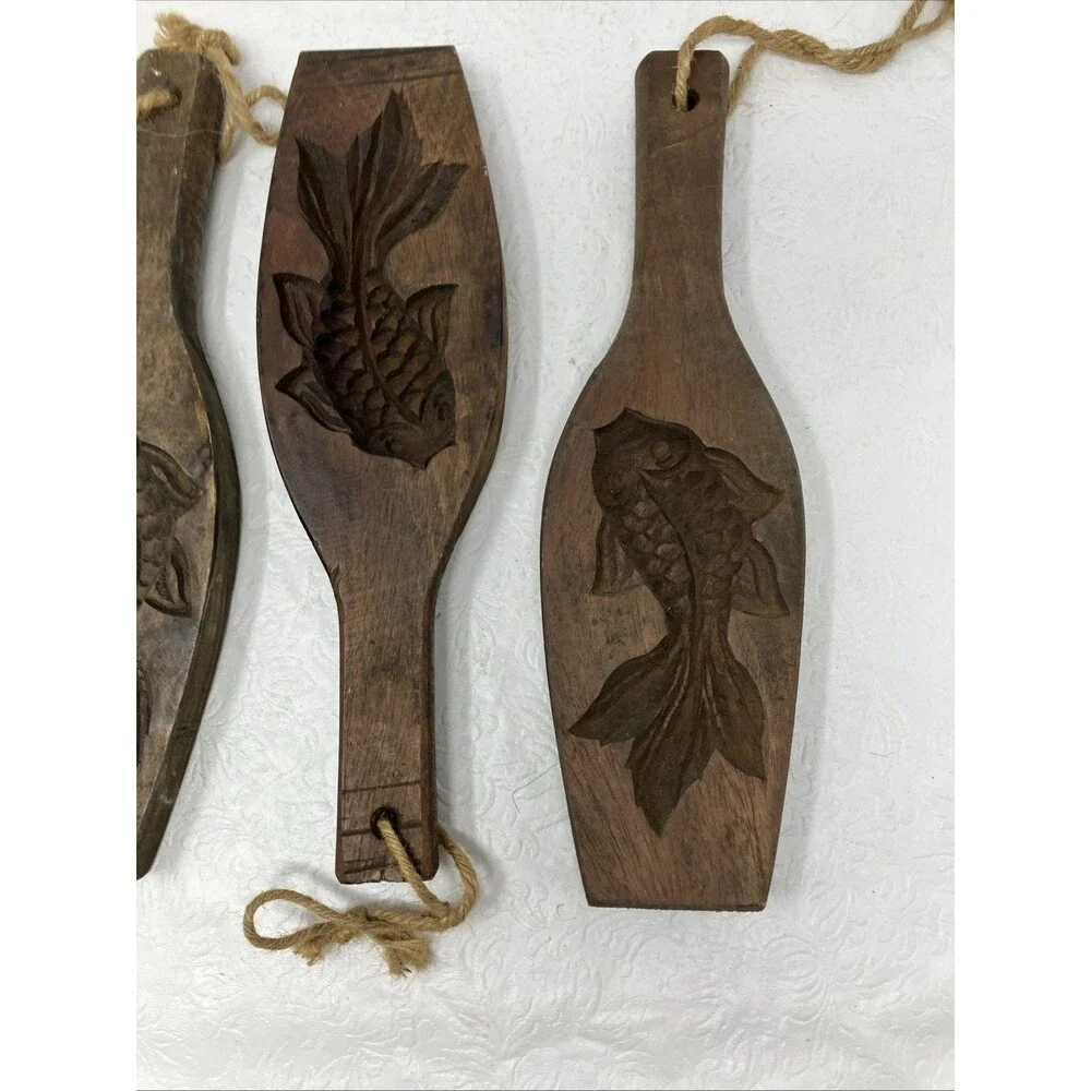 4 VTG Carved Wood Folk Art FISH Cookie Speculaas Springerle Butter Mold DECOR